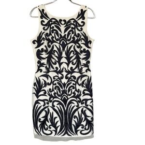 Aidan Mattox Dress Womens 12 White Navy Beaded Scroll Sheath Cocktail Party